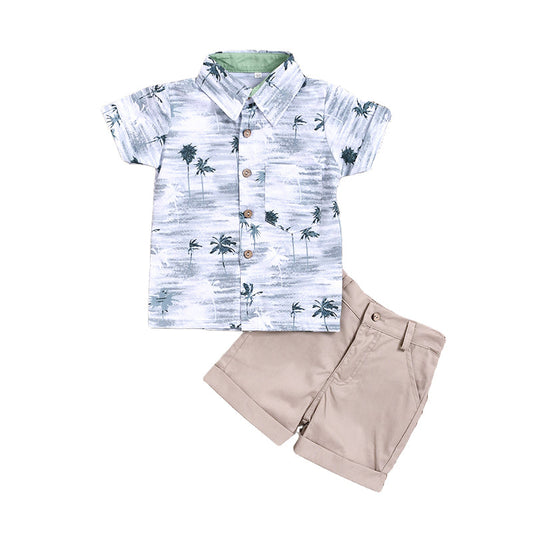 2 Pieces Set Baby Kid Boys Beach Tropical Plant Shirts And Solid Color Shorts