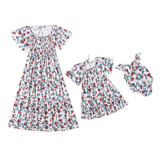 Mommy And Me Baby Kid Flower Print Rompers Dresses