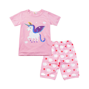 2 Pieces Set Baby Kid Girls Star Unicorn Print T-Shirts And Love heart Shorts Sleepwears