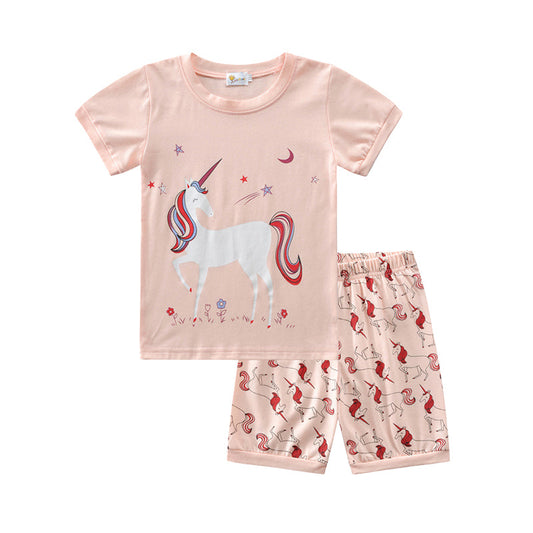 Fashion 2 Pieces Set Kid Unisex Animals Flamingo Star Unicorn Print T-Shirts And Shorts Sleepwears