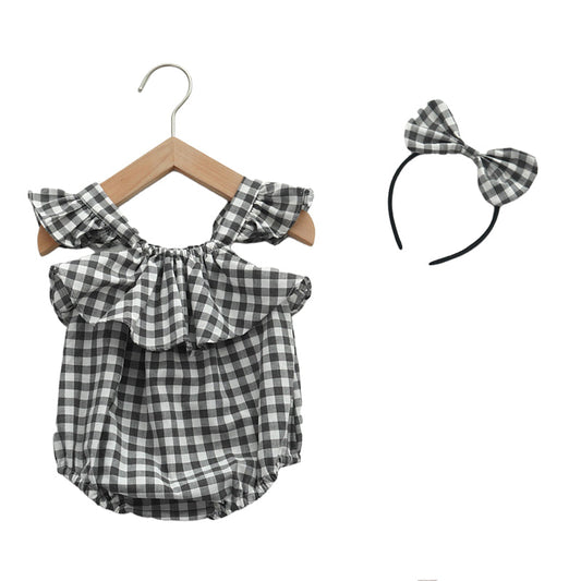 Baby Girls Fruit Checked Print Rompers And Accessories Headwear