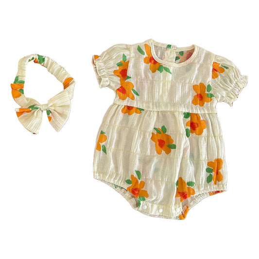 Cute Baby Kid Girls Flower Print Rompers And Dresses Headwear