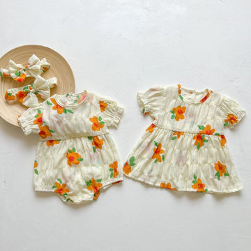 Cute Baby Kid Girls Flower Print Rompers And Dresses Headwear