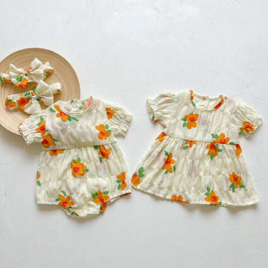 Cute Baby Kid Girls Flower Print Rompers And Dresses Headwear