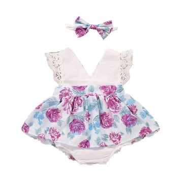 Baby Girls Flower Print Rompers And Bow Accessories Headwear