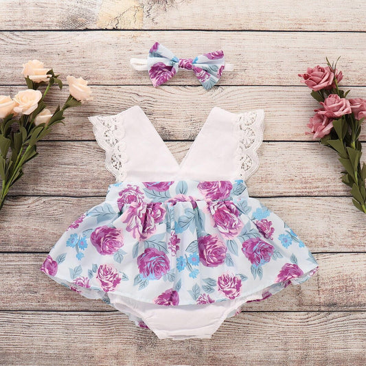 Baby Girls Flower Print Rompers And Bow Accessories Headwear