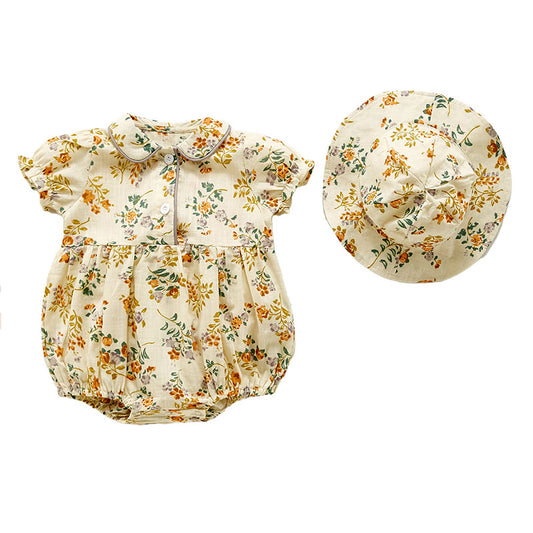 Baby Girls Flower Print Rompers And Accessories Hats