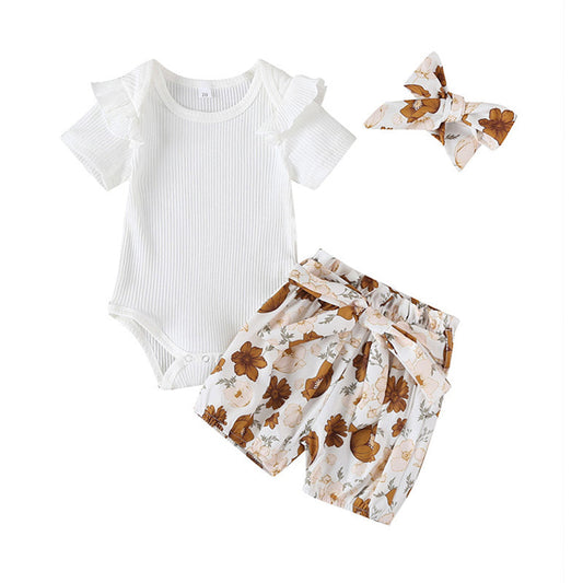 2 Pieces Set Baby Girls Flower Bow Print Shorts And Solid Color Muslin&Ribbed Rompers Headwear