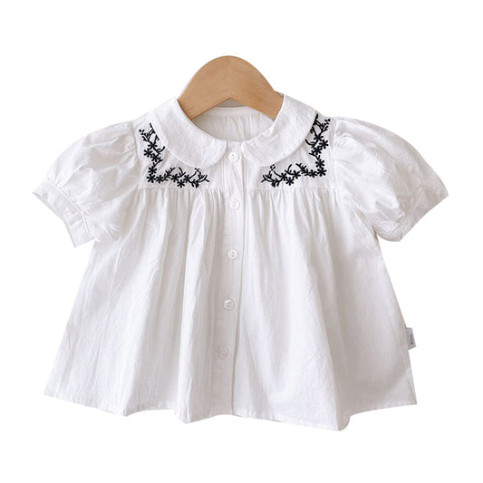 Baby Kid Girls Solid Color Embroidered Blouses