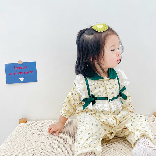 Baby Kid Girls Flower Bow Lace Print Jumpsuits