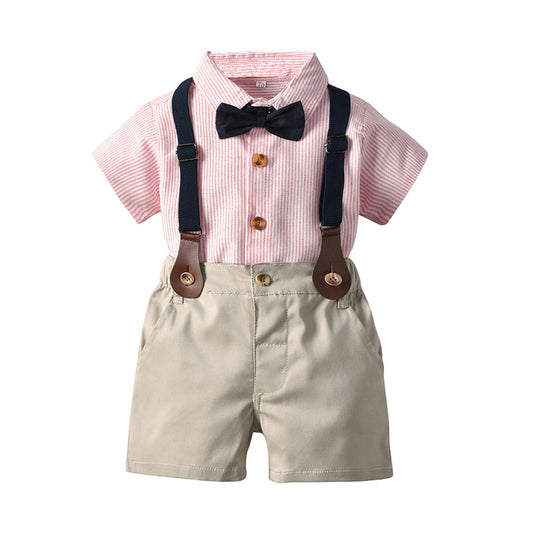 Fashion 2 Pieces Set Baby Kid Boys Dressy Striped Bow Shirts And Solid Color Shorts Suits