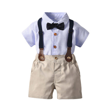 Fashion 2 Pieces Set Baby Kid Boys Dressy Striped Bow Shirts And Solid Color Shorts Suits