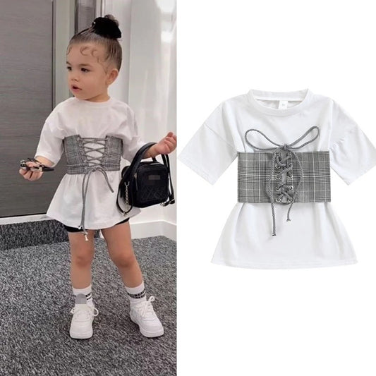 2 Pieces Set Baby Kid Girls Solid Color Dresses And Checked Others accessories