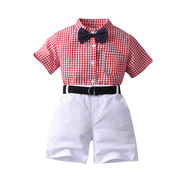 2 Pieces Set Baby Kid Boys Dressy Birthday Checked Bow Shirts And Solid Color Shorts Suits