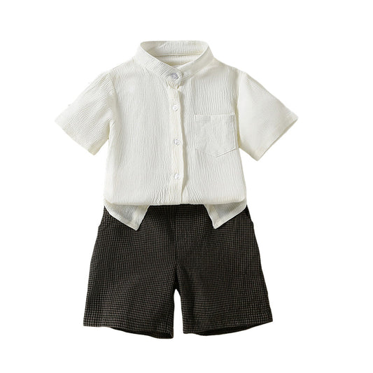 2 Pieces Set Kid Boys Solid Color Shirts And Checked Shorts