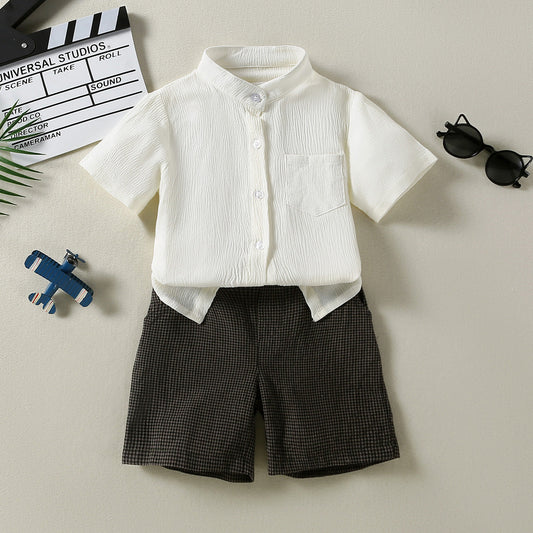 2 Pieces Set Kid Boys Solid Color Shirts And Checked Shorts