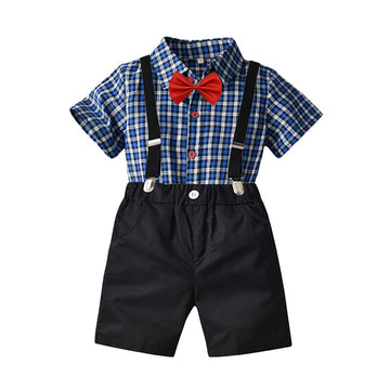 2 Pieces Set Baby Kid Boys Birthday Party Checked Bow Shirts And Solid Color Rompers