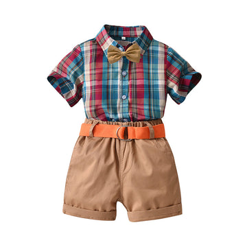 2 Pieces Set Baby Kid Boys Birthday Party Checked Bow Shirts And Solid Color Shorts