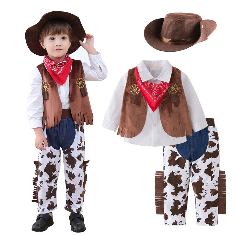 5 Pieces Set Baby Kid Boys Solid Color Shirts And Vests Waistcoats And Print Pants And Scarves And Hats