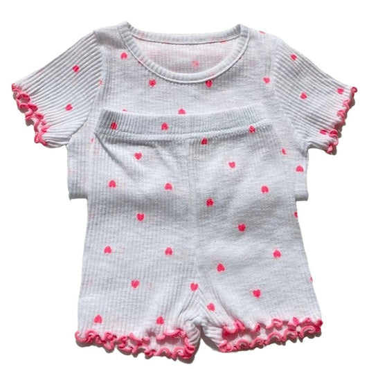 Cute 2 Pieces Set Baby Kid Girls Love heart Muslin&Ribbed T-Shirts And Shorts Sleepwears