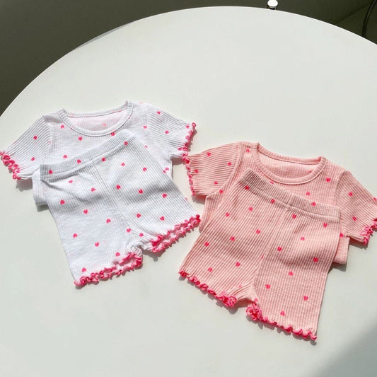 Cute 2 Pieces Set Baby Kid Girls Love heart Muslin&Ribbed T-Shirts And Shorts Sleepwears