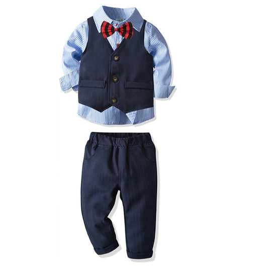 Cute 3 Pieces Set Baby Kid Boys Dressy Party Striped Bow Shirts And Solid Color Vests Waistcoats And Pants Suits