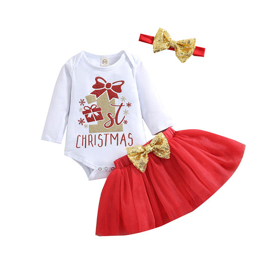 3 Pieces Set Baby Girls Christmas Letters Print Rompers Bow Skirts And Headwear