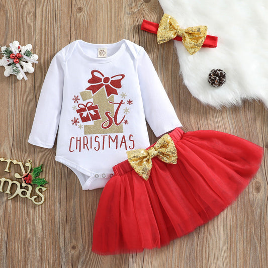 3 Pieces Set Baby Girls Christmas Letters Print Rompers Bow Skirts And Headwear