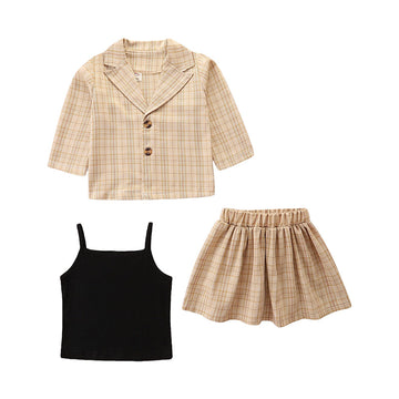 Fashion 3 Pieces Set Baby Kid Girls Checked Blazers And Solid Color Tank Tops And Skirts Suits