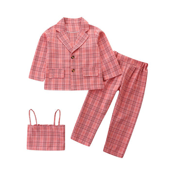 Fashion 3 Pieces Set Baby Kid Girls Checked Blazers And Tank Tops And Pants Suits