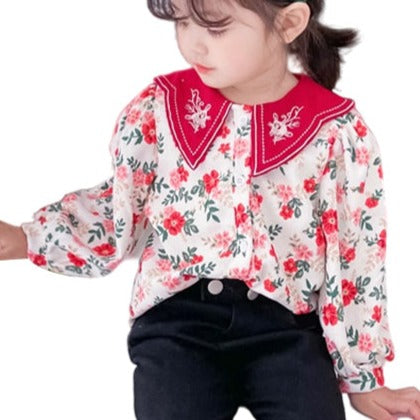 Baby Kid Girls Flower Embroidered Print Shirts