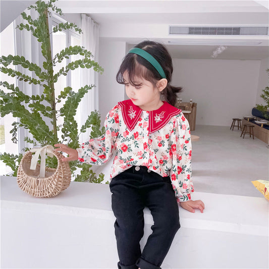 Baby Kid Girls Flower Embroidered Print Shirts