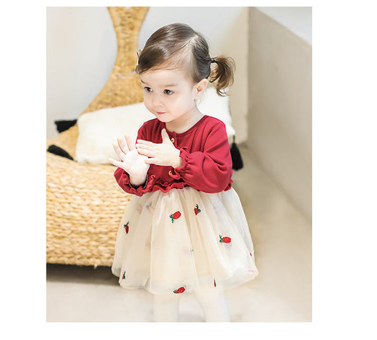 Cute Baby Kid Girls Color-blocking Fruit Dresses And Solid Color Bow Accessories Socks