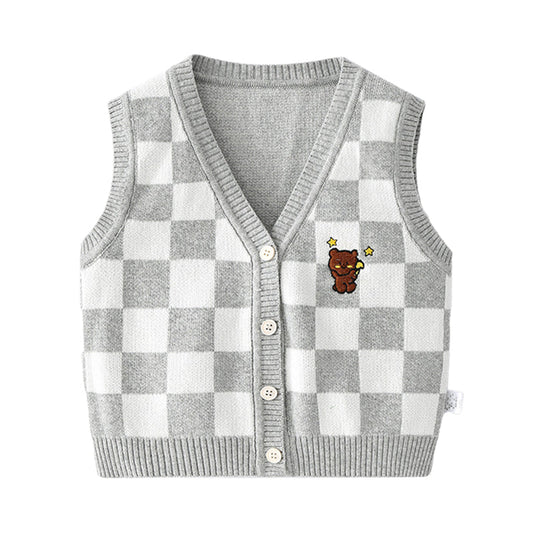 Baby Kid Unisex Checked Cartoon Crochet Vests Waistcoats Cardigan