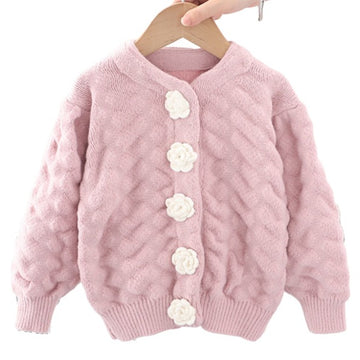 Baby Kid Girls Solid Color Flower Cardigan Knitwear