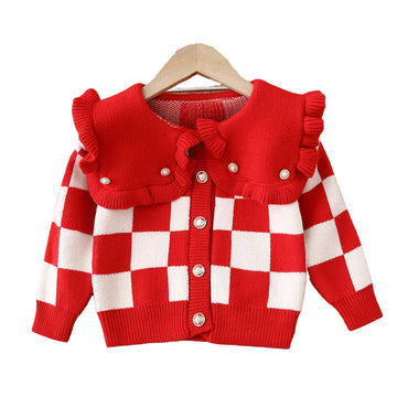 Fashion Baby Kid Girls Checked Crochet Cardigan Knitwear