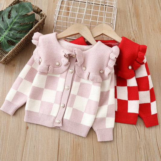 Fashion Baby Kid Girls Checked Crochet Cardigan Knitwear