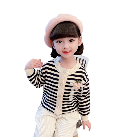 Baby Kid Girls Striped Cartoon Cardigan Knitwear