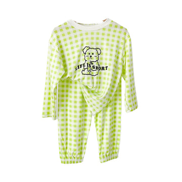 2 Pieces Set Kid Unisex Checked Cartoon Print Tops And Pants Sleepwears