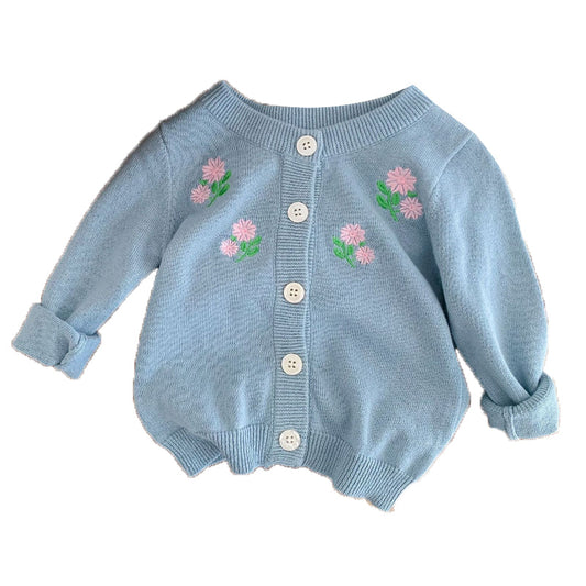 Baby Kid Unisex Flower Embroidered Crochet Cardigan