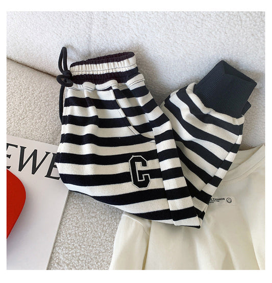 Baby Kid Boys Striped Alphabet Ribbon Pants