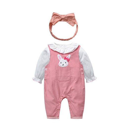 2 Pieces Set Baby Girls Animals Embroidered Jumpsuits And Bow Headwear