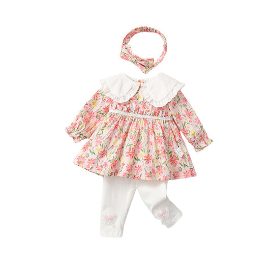 2 Pieces Set Baby Girls Flower Print Dresses Love heart Bow And Embroidered Pants