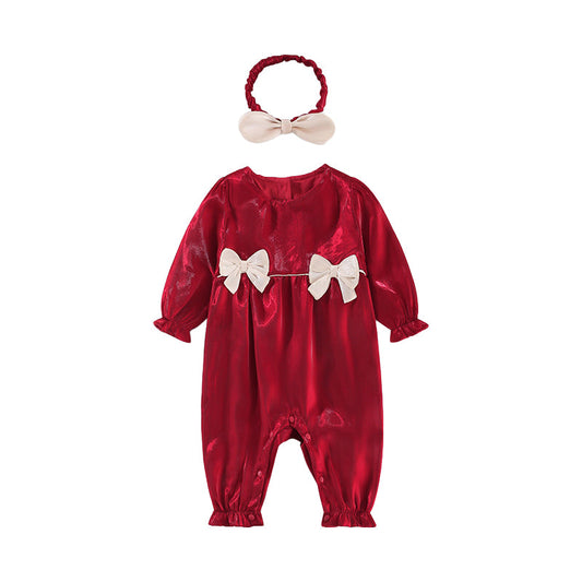 2 Pieces Set Baby Girls Solid Color Jumpsuits And Bow Headwear