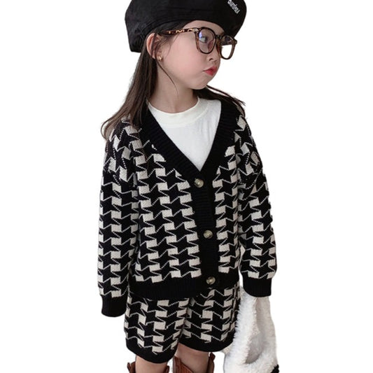 Fashion Baby Kid Girls Houndstooth Crochet Cardigan Shorts