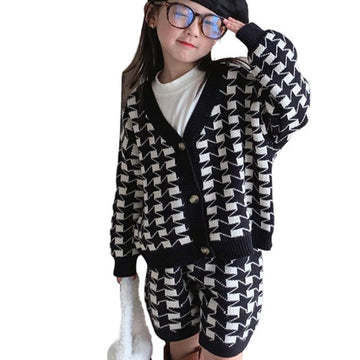 Fashion Baby Kid Girls Houndstooth Crochet Cardigan Shorts