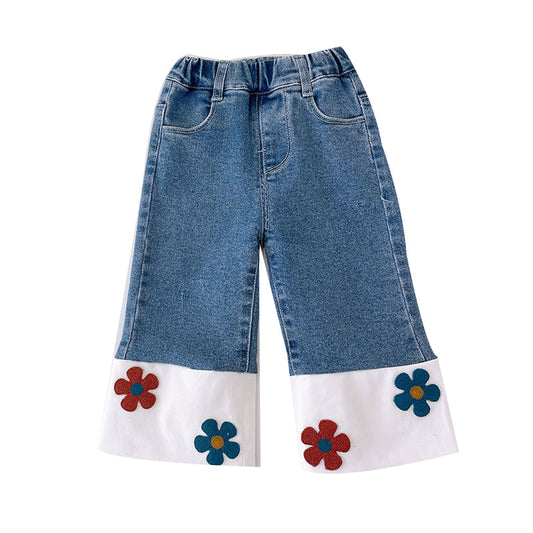 Baby Kid Girls Color-blocking Flower Pants Jeans
