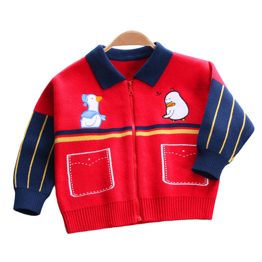 Baby Kid Boys Striped Color-blocking Cartoon Cardigan