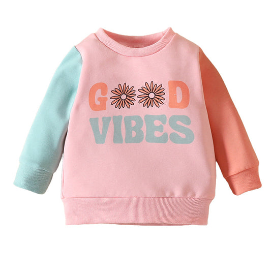 Baby Kid Girls Letters Color-blocking Flower Print Hoodies Swearshirts