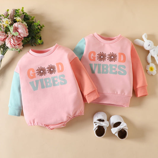 Baby Kid Girls Letters Color-blocking Flower Print Hoodies Swearshirts